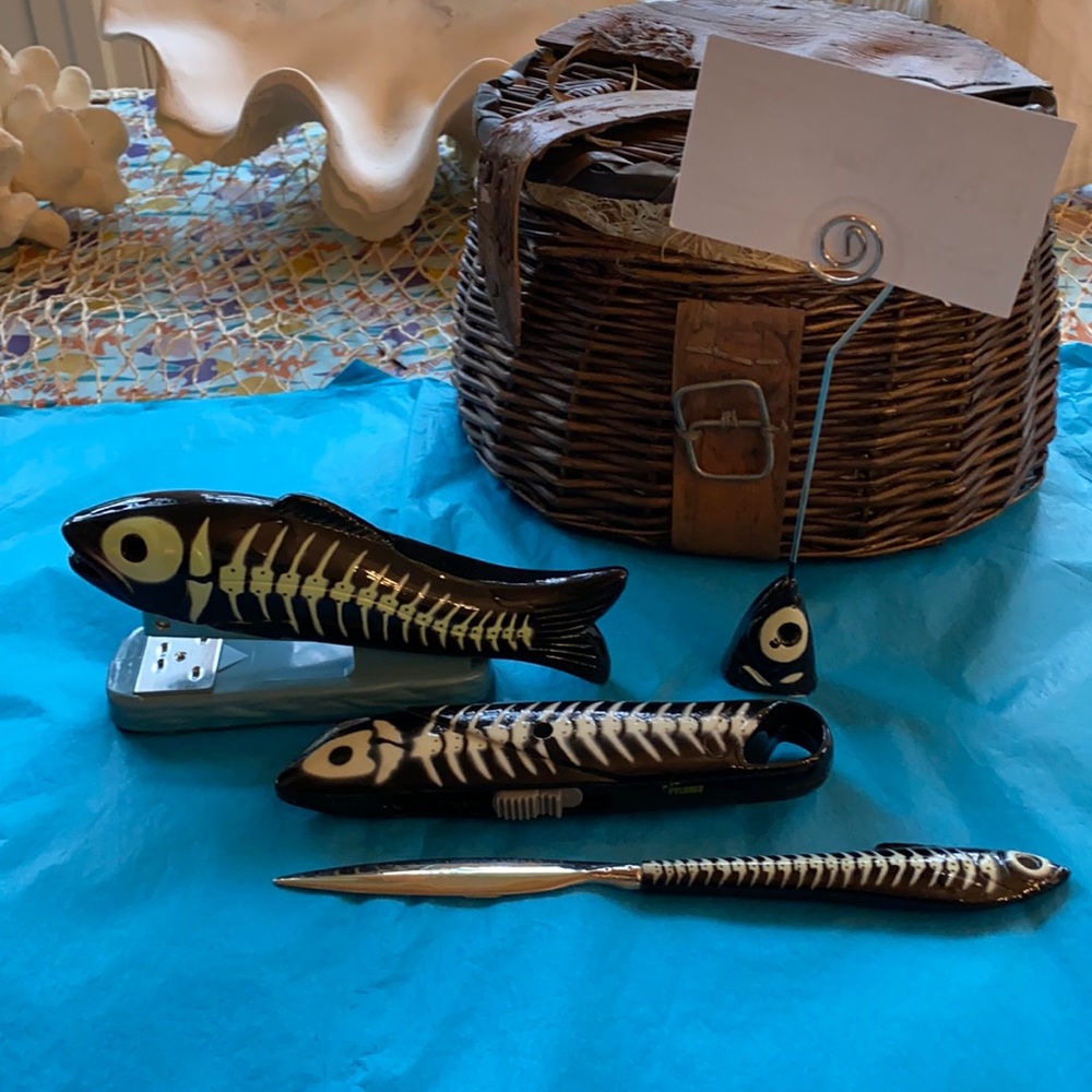 Desk set. Set of 4. Black Skelton fish.